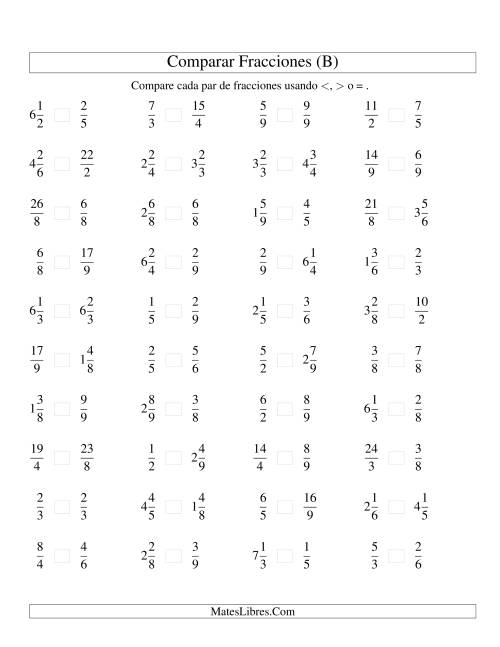 La hoja de ejercicios de Comparar Fracciones Simples, Impropias y Mixtas a Novenos (sin 7) (B)