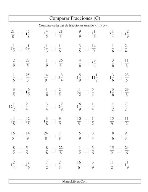 La hoja de ejercicios de Comparar Fracciones Simples, Impropias y Mixtas a Novenos (sin 7) (C)
