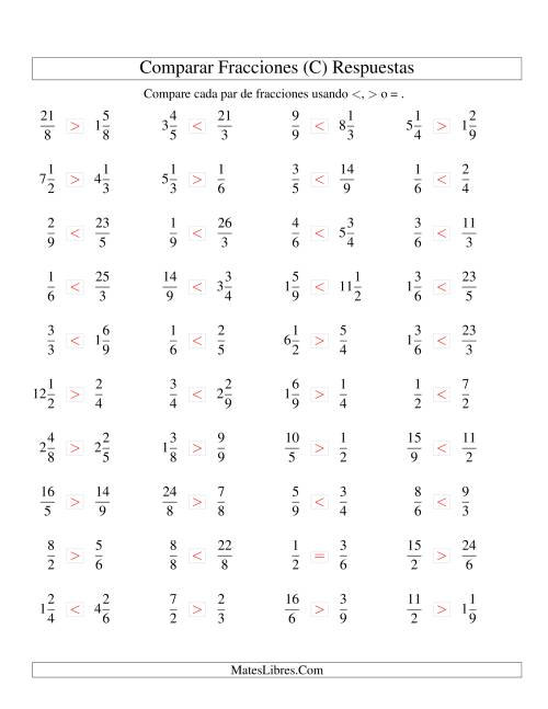 La hoja de ejercicios de Comparar Fracciones Simples, Impropias y Mixtas a Novenos (sin 7) (C) Página 2