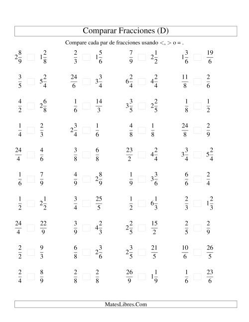 La hoja de ejercicios de Comparar Fracciones Simples, Impropias y Mixtas a Novenos (sin 7) (D)