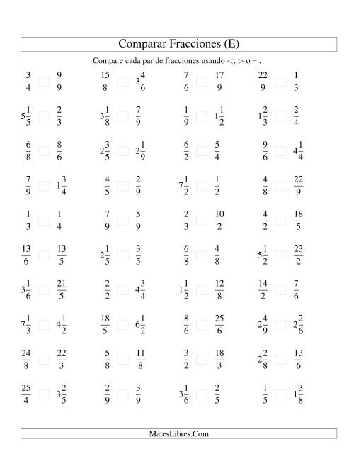 La hoja de ejercicios de Comparar Fracciones Simples, Impropias y Mixtas a Novenos (sin 7) (E)