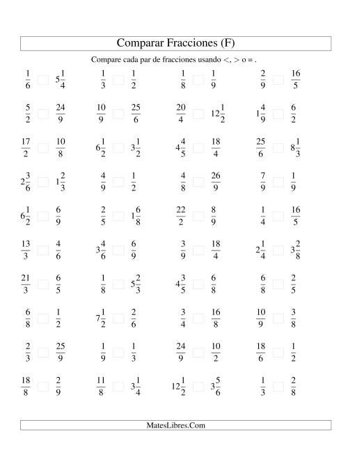 La hoja de ejercicios de Comparar Fracciones Simples, Impropias y Mixtas a Novenos (sin 7) (F)