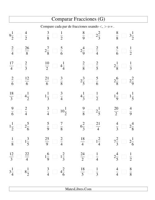 La hoja de ejercicios de Comparar Fracciones Simples, Impropias y Mixtas a Novenos (sin 7) (G)