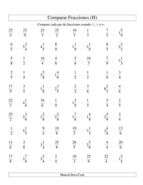 La hoja de ejercicios de Comparar Fracciones Simples, Impropias y Mixtas a Novenos (sin 7) (H)