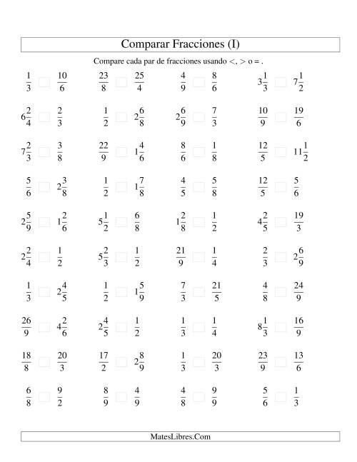 La hoja de ejercicios de Comparar Fracciones Simples, Impropias y Mixtas a Novenos (sin 7) (I)