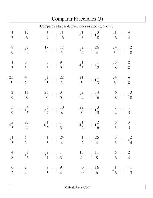 La hoja de ejercicios de Comparar Fracciones Simples, Impropias y Mixtas a Novenos (sin 7) (J)