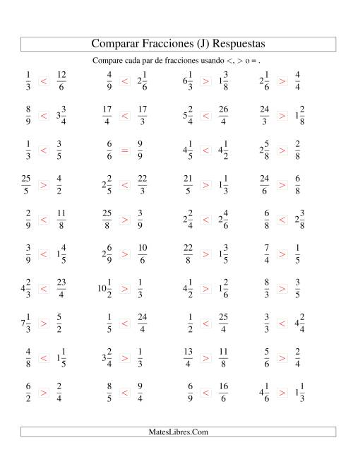 La hoja de ejercicios de Comparar Fracciones Simples, Impropias y Mixtas a Novenos (sin 7) (J) Página 2