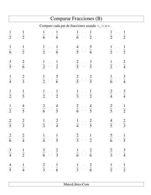 La hoja de ejercicios de Comparar Fracciones Simples a Sextos (B)