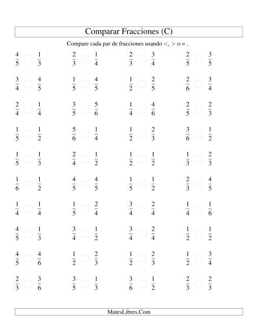La hoja de ejercicios de Comparar Fracciones Simples a Sextos (C)