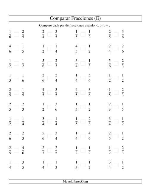 La hoja de ejercicios de Comparar Fracciones Simples a Sextos (E)