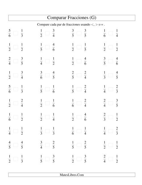 La hoja de ejercicios de Comparar Fracciones Simples a Sextos (G)