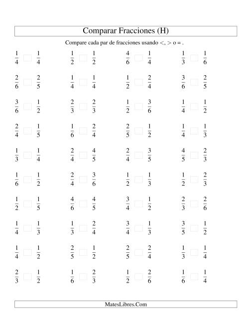 La hoja de ejercicios de Comparar Fracciones Simples a Sextos (H)
