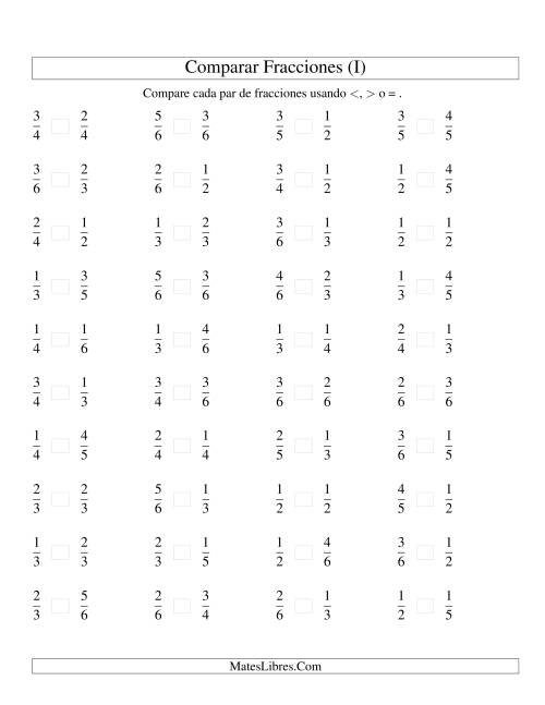 La hoja de ejercicios de Comparar Fracciones Simples a Sextos (I)