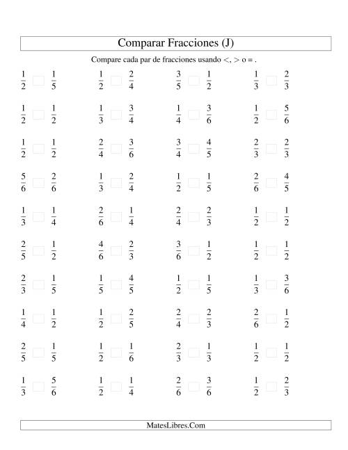 La hoja de ejercicios de Comparar Fracciones Simples a Sextos (J)