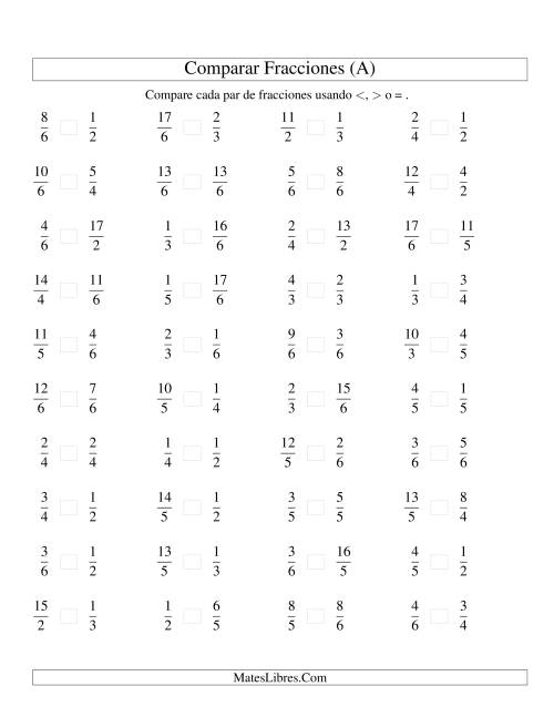 La hoja de ejercicios de Comparar Fracciones Simples e Impropias a Sextos (A)