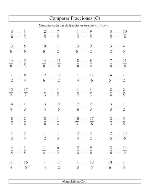 La hoja de ejercicios de Comparar Fracciones Simples e Impropias a Sextos (C)