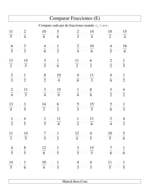 La hoja de ejercicios de Comparar Fracciones Simples e Impropias a Sextos (E)