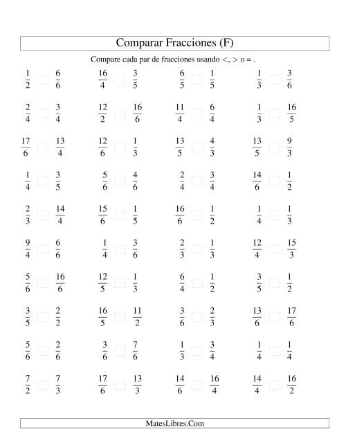 La hoja de ejercicios de Comparar Fracciones Simples e Impropias a Sextos (F)