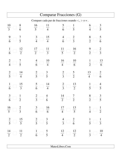 La hoja de ejercicios de Comparar Fracciones Simples e Impropias a Sextos (G)