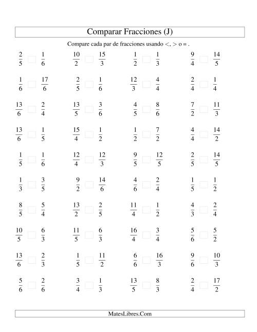 La hoja de ejercicios de Comparar Fracciones Simples e Impropias a Sextos (J)