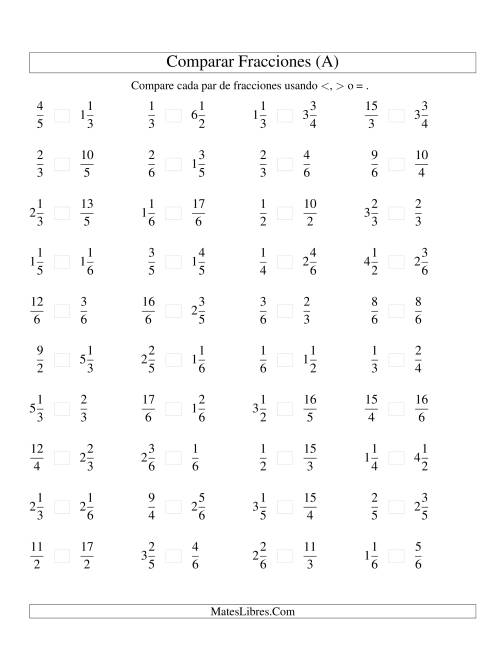 La hoja de ejercicios de Comparar Fracciones Simples, Impropias y Mixtas a Sextos (A)