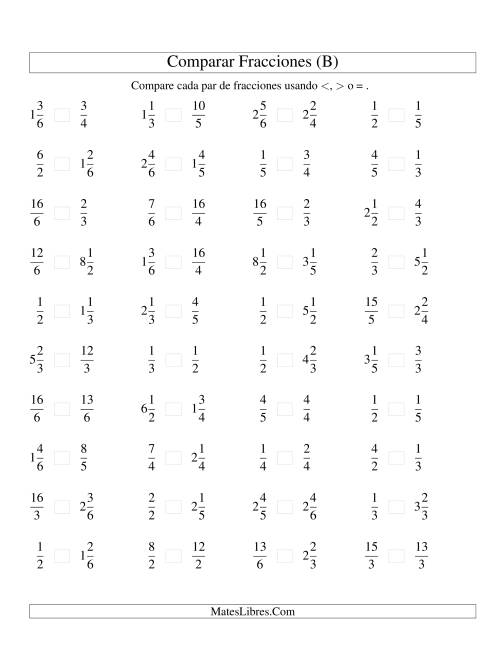 La hoja de ejercicios de Comparar Fracciones Simples, Impropias y Mixtas a Sextos (B)