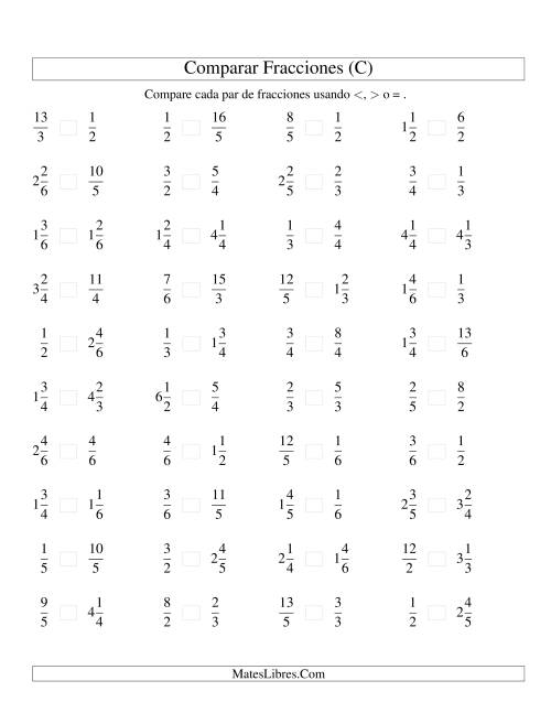 La hoja de ejercicios de Comparar Fracciones Simples, Impropias y Mixtas a Sextos (C)