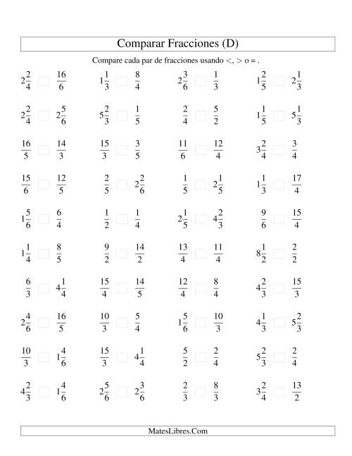 La hoja de ejercicios de Comparar Fracciones Simples, Impropias y Mixtas a Sextos (D)