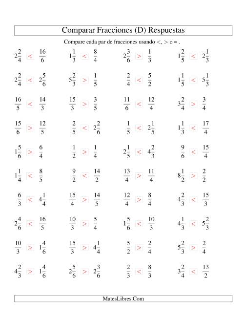 La hoja de ejercicios de Comparar Fracciones Simples, Impropias y Mixtas a Sextos (D) Página 2