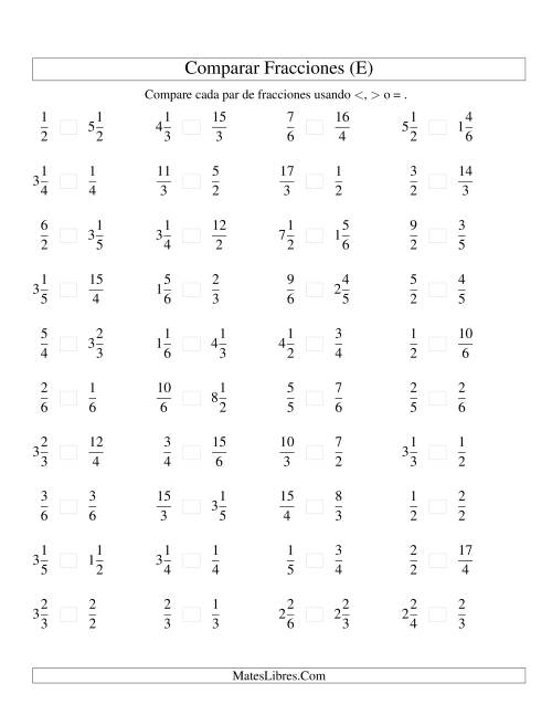La hoja de ejercicios de Comparar Fracciones Simples, Impropias y Mixtas a Sextos (E)