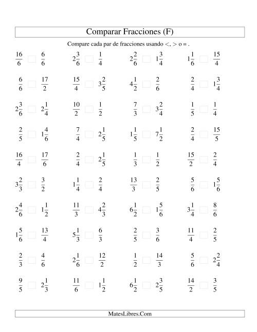La hoja de ejercicios de Comparar Fracciones Simples, Impropias y Mixtas a Sextos (F)