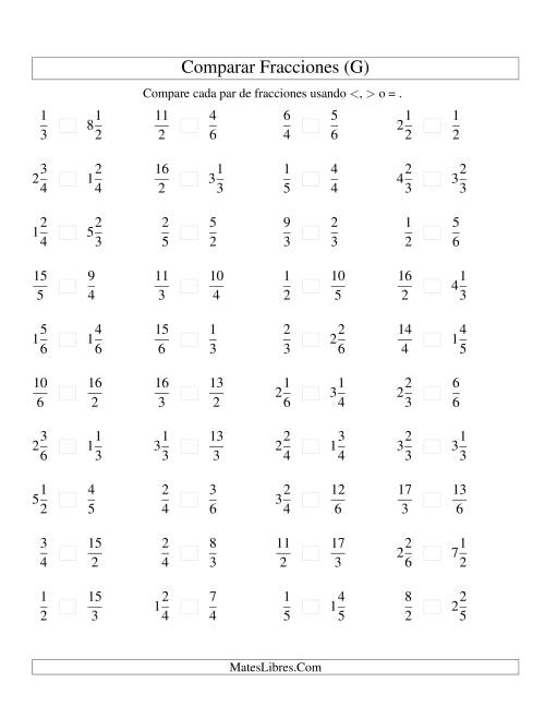 La hoja de ejercicios de Comparar Fracciones Simples, Impropias y Mixtas a Sextos (G)