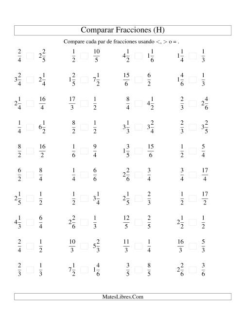 La hoja de ejercicios de Comparar Fracciones Simples, Impropias y Mixtas a Sextos (H)