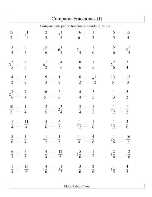 La hoja de ejercicios de Comparar Fracciones Simples, Impropias y Mixtas a Sextos (J)
