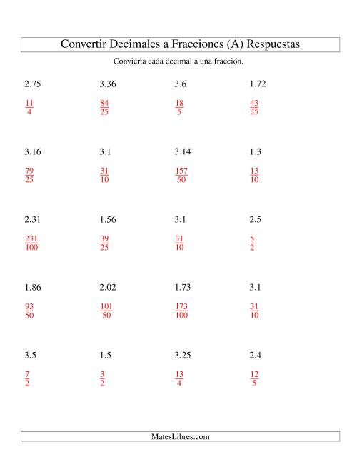 La hoja de ejercicios de Convertir Decimales en Fracciones (A) Página 2