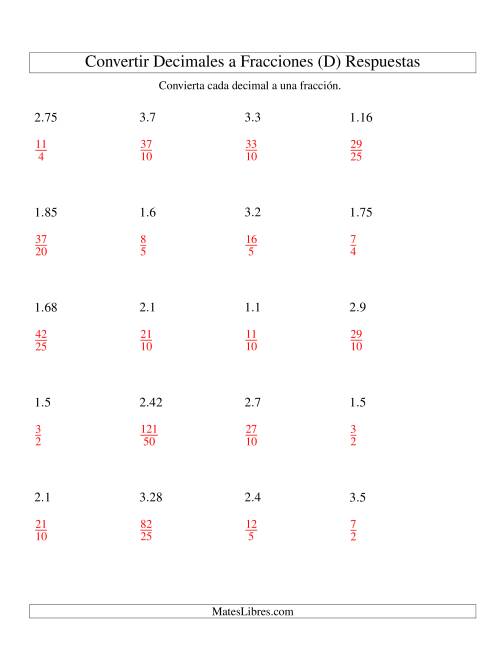 La hoja de ejercicios de Convertir Decimales en Fracciones (D) Página 2