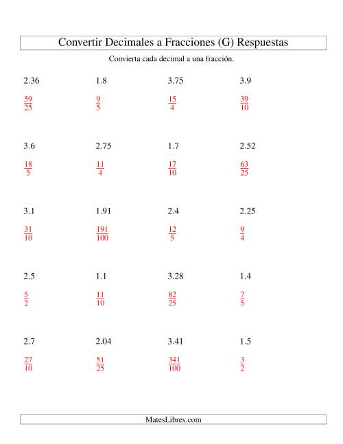 La hoja de ejercicios de Convertir Decimales en Fracciones (G) Página 2