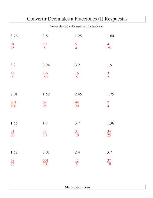 La hoja de ejercicios de Convertir Decimales en Fracciones (I) Página 2