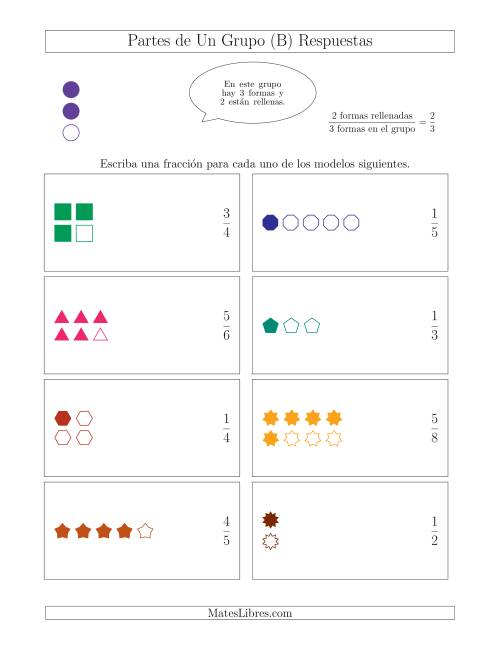 La hoja de ejercicios de Modelos de Fracciones Simplificadas de Un Grupo, hasta Octavos (B) Página 2