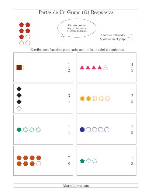 La hoja de ejercicios de Modelos de Fracciones Simplificadas de Un Grupo, hasta Octavos (G) Página 2