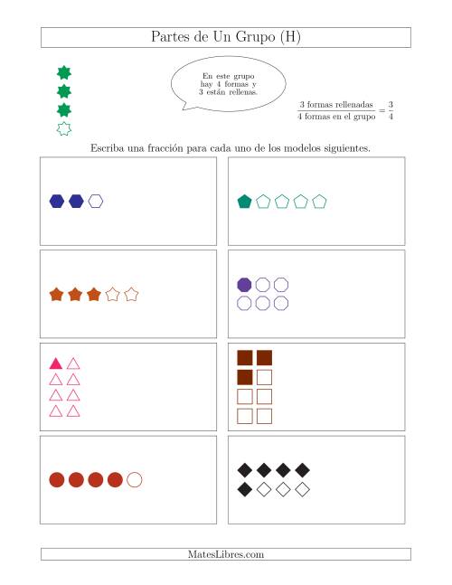 La hoja de ejercicios de Modelos de Fracciones Simplificadas de Un Grupo, hasta Octavos (H)