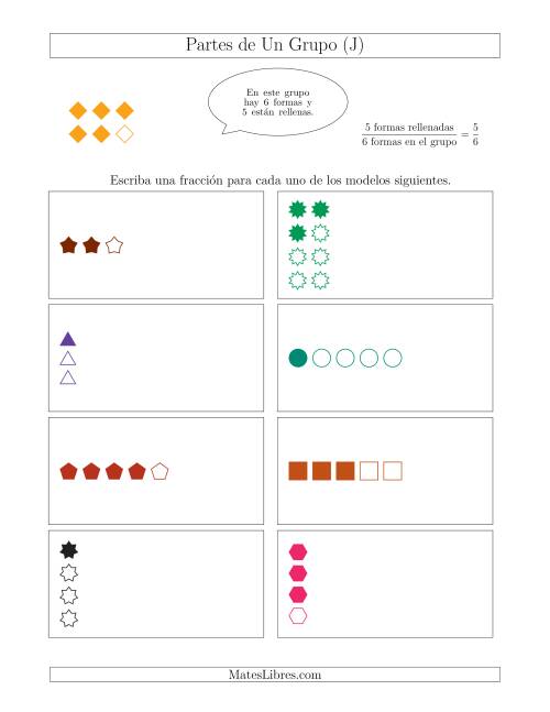 La hoja de ejercicios de Modelos de Fracciones Simplificadas de Un Grupo, hasta Octavos (J)