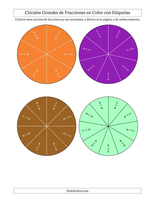 La hoja de ejercicios de Círculos Grandes de Fracciones en Color con Etiquetas Página 2