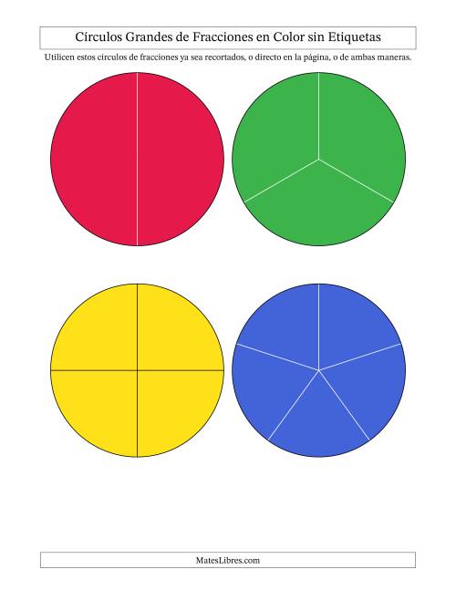 La hoja de ejercicios de Círculos Grandes de Fracciones en Color sin Etiquetas