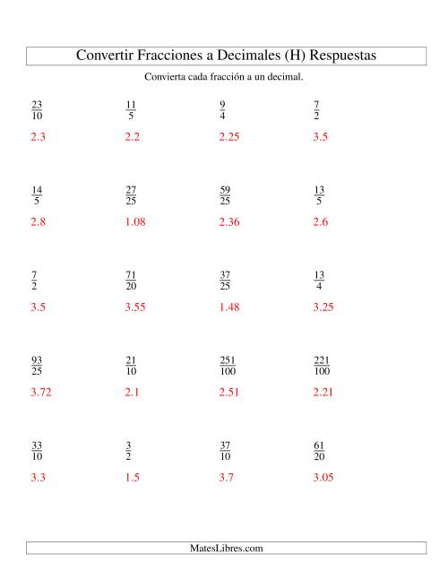 La hoja de ejercicios de Convertir Fracciones Impropias en Decimales (H) Página 2