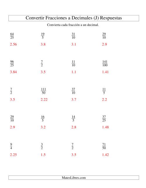 La hoja de ejercicios de Convertir Fracciones Impropias en Decimales (J) Página 2