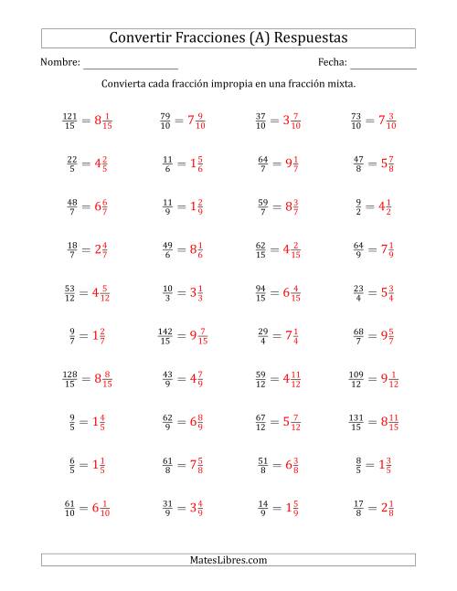 La hoja de ejercicios de Convertir de Fracciones Impropias a Fracciones Mixtas (A) Página 2