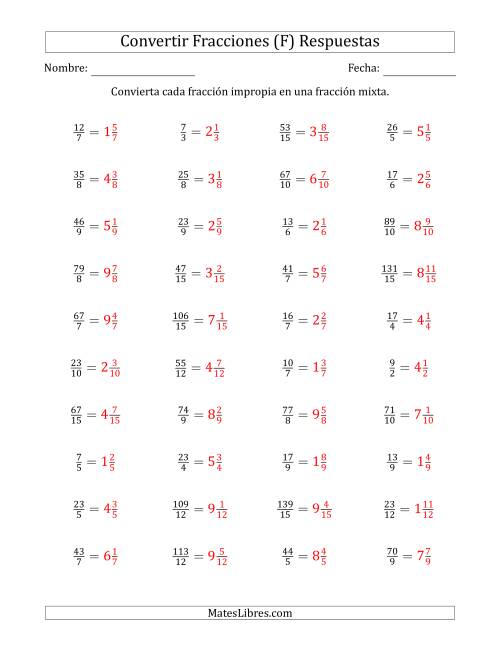 La hoja de ejercicios de Convertir de Fracciones Impropias a Fracciones Mixtas (F) Página 2