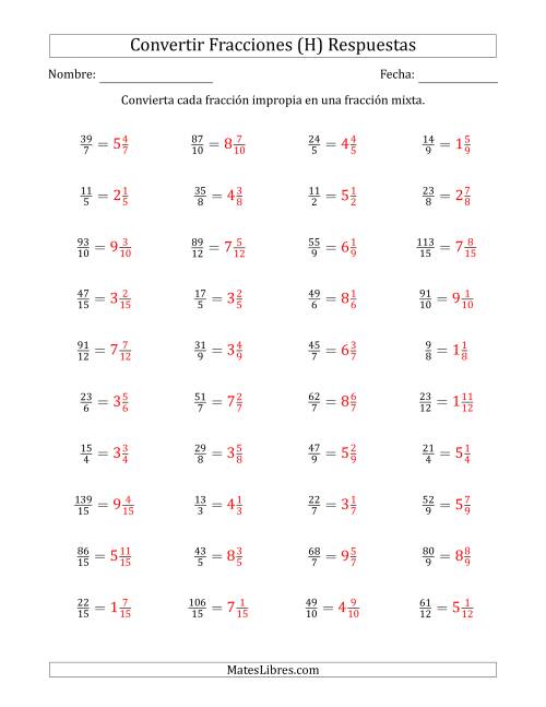 La hoja de ejercicios de Convertir de Fracciones Impropias a Fracciones Mixtas (H) Página 2