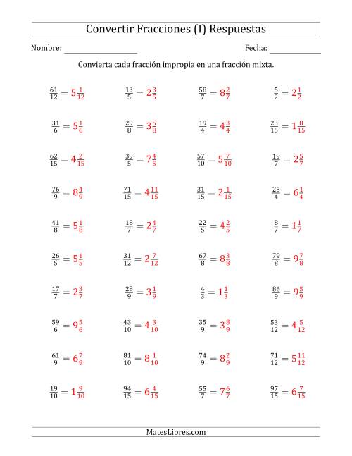 La hoja de ejercicios de Convertir de Fracciones Impropias a Fracciones Mixtas (I) Página 2